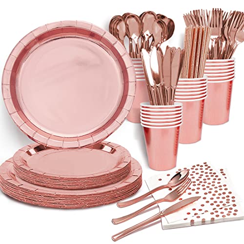 Rose Gold Birthday Party Favors for Women Rose Gold Plates and Napkins Party Supplies,Disposable Paper Plates and Cups Set for First Day