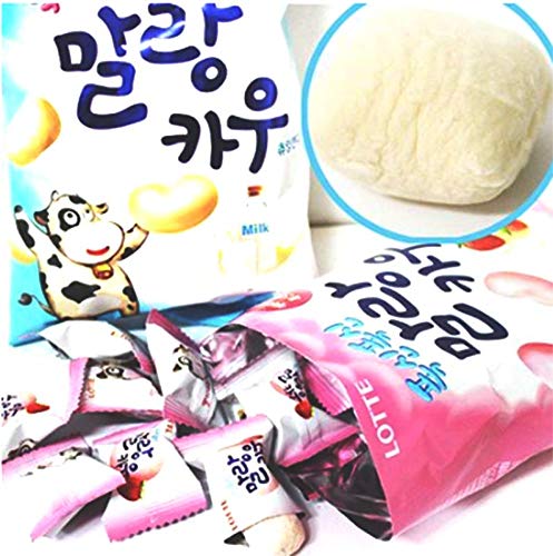 Korean Lotte Soft Malang Cow Fresh Grade Milk & Strawberry Milk Chewy Candy (Pack of 2) (2.78oz)