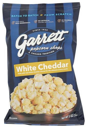 Garrett Popcorn White Cheddar, 5.0oz, White Cheddar Gourmet Popcorn, Gluten Free, Savory Snack, Popped Popcorn Bag