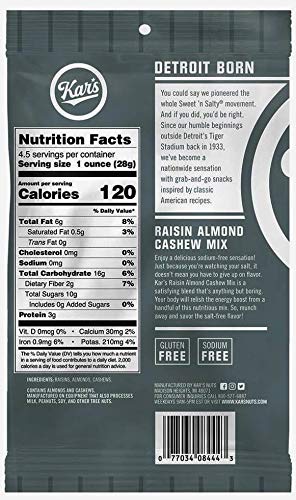 Kar's Raisin Almond Cashew Mix 4.5 ounce bags (Box of 12 bags)