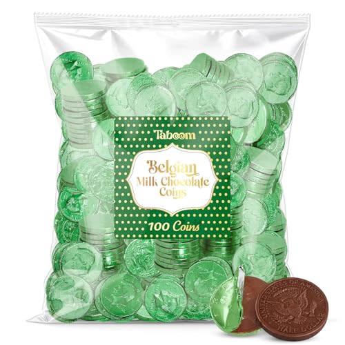 Belgian Chocolate Coins Candy Bulk 100 Pack - St Patrick's Day Green Foil Wrapped Milk Chocolate Coins Candy For Party Favors, Gift Bags & Treats