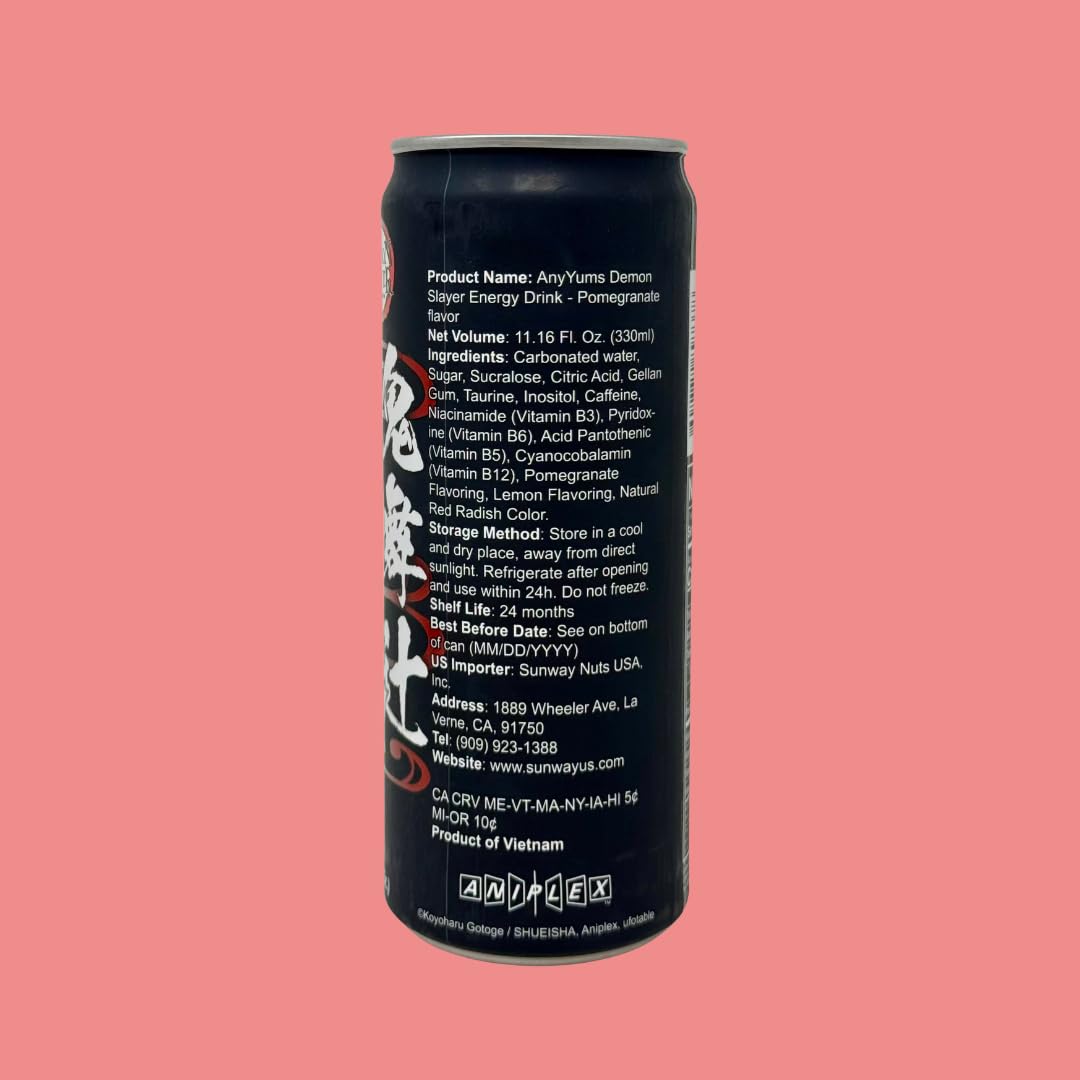 Demon Slayer Pomegranate Energy Drink - 11.16 fl oz (330 ml) Cans - Muzan Collectible Anime Character Drink (6-Pack)