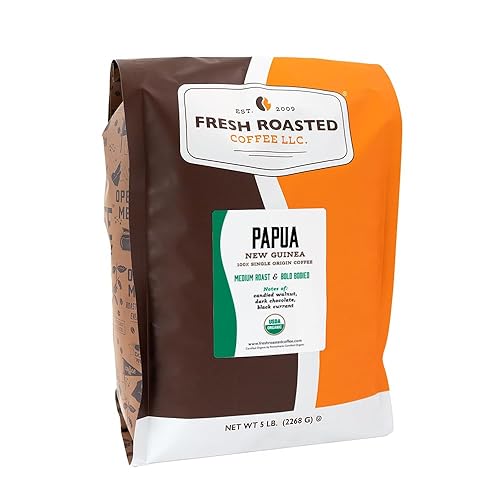 Fresh Roasted Coffee, Organic Papua New Guinea Whole Bean Coffee, Medium Roast, USDA Organic, 100% Single Origin, Kosher, 5 lb (80 oz)