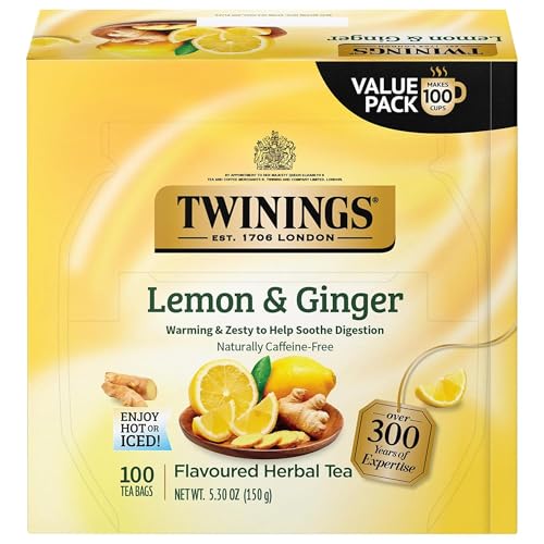Twinings Lemon & Ginger Herbal Tea Individually Wrapped Bags, 100 Count (Pack of 1), Tangy Lemon, Spicy Ginger, Naturally Caffeine-Free, Enjoy Hot or