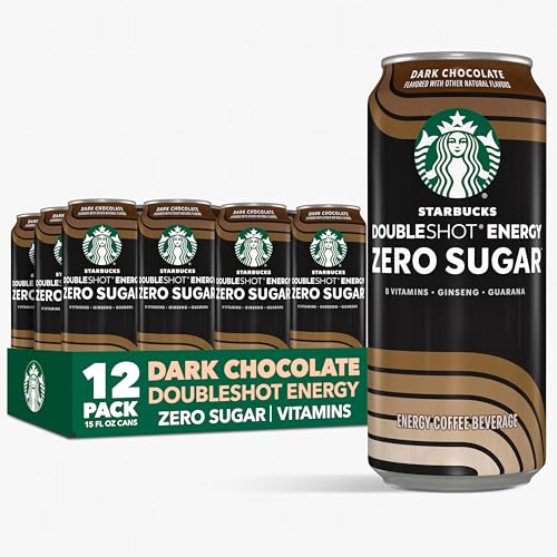 Starbucks Doubleshot Zero Sugar Coffee Energy Drink, Dark Chocolate, 15 fl oz Cans, (12 Pack), Zero Sugar, B Vitamins, Ginseng, Guarana, Iced Coffee