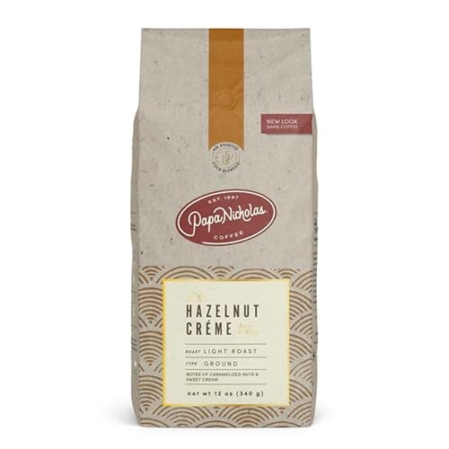 PapaNicholas Coffee Ground Coffee, Hazelnut Crème | 12 Ounce | Flavored Light Roast | Air Roasted 100% Arabica | Rich Hazelnut, Consistently Smooth |