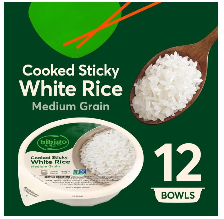 bibigo Cooked Sticky White Rice Bowls, Medium Grain, 7.4 oz, 12 ct