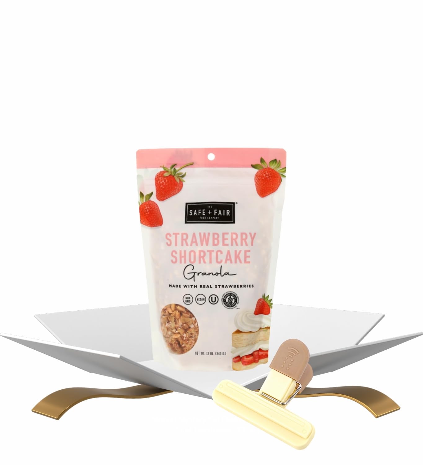 The Safe And Fair Food Company - Granola Strawberry Shortcake (12 OZ.) Bundle with Plastic Bag Clip for Snack Storage, Easy Resealing, and Organized