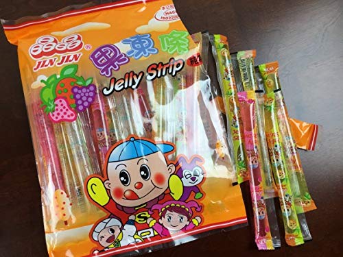 Jin Jin Fruit Jelly Filled Strip Straws Candy Bundle come with 7 Pack Bubble Gum- Many Flavors! (3 Pack)