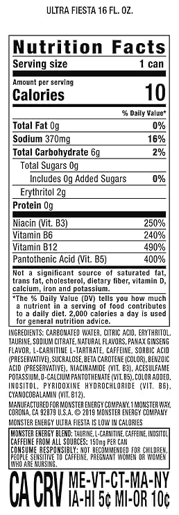Monster Energy Drink, Ultra Fiesta, 16 Oz Can (Pack of 12)