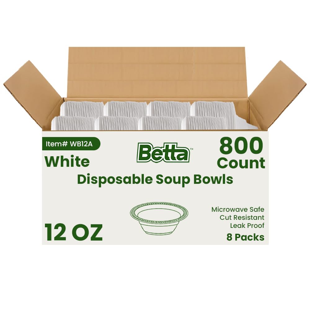 Betta 12 Oz Disposable Plastic Soup Bowls, White, 800 Count, Bulk Case for Schools, Breakrooms and Cafeteria, Microwave Safe (8 Pack Per Box x100)