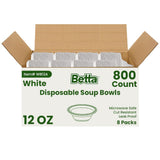 Betta 12 Oz Disposable Plastic Soup Bowls, White, 800 Count, Bulk Case for Schools, Breakrooms and Cafeteria, Microwave Safe (8 Pack Per Box x100)