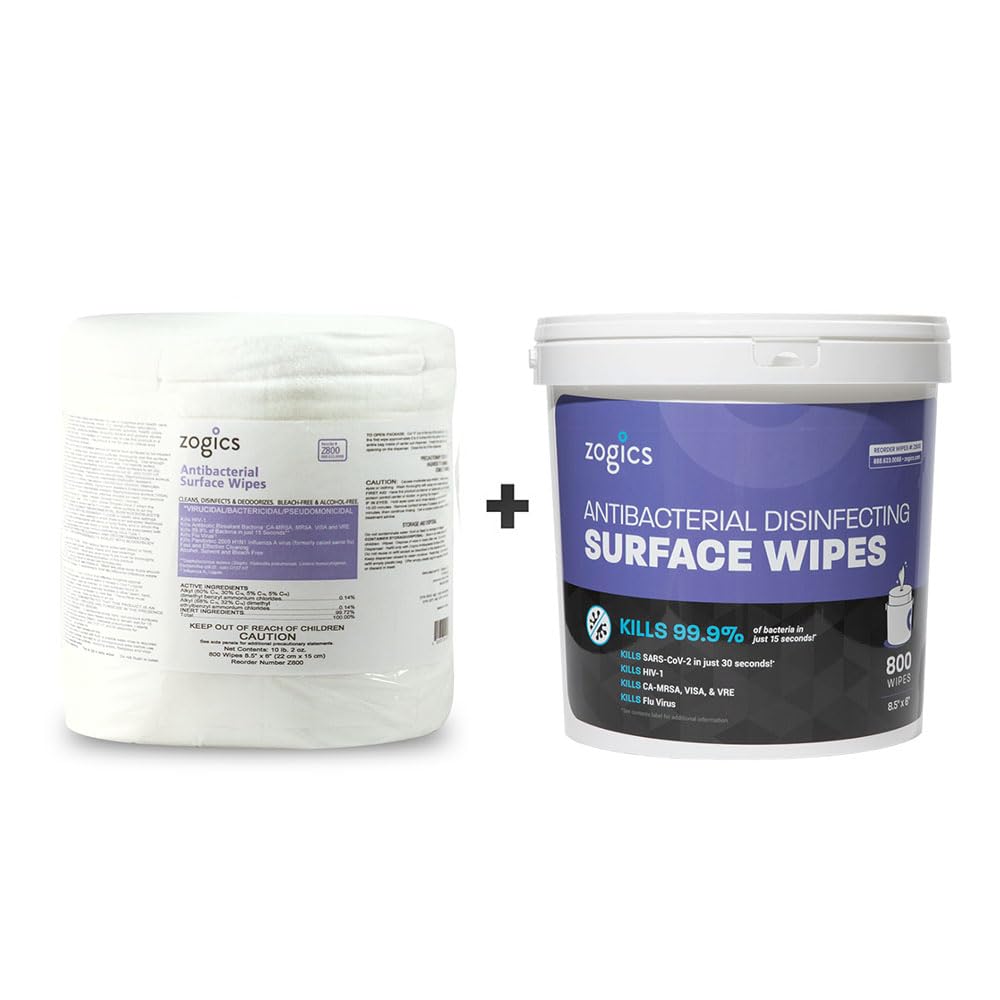 Zogics Antibacterial Wipes, EPA Registered Surface and Gym Equipment Disinfecting Wipes (800 Wipes) + Reusable Wipe Bucket Dispenser