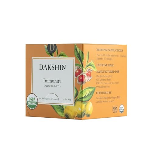 DAKSHIN Organic Immunity Tea Bags | Ashwagandha, Amalaki, Echinacea, Tulsi & Guduchi | Ayurvedic Daily Wellness Tea | Caffeine-Free | USDA Organic |
