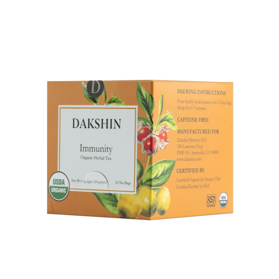 DAKSHIN Organic Immunity Tea Bags | Ashwagandha, Amalaki, Echinacea, Tulsi & Guduchi | Ayurvedic Daily Wellness Tea | Caffeine-Free | USDA Organic |