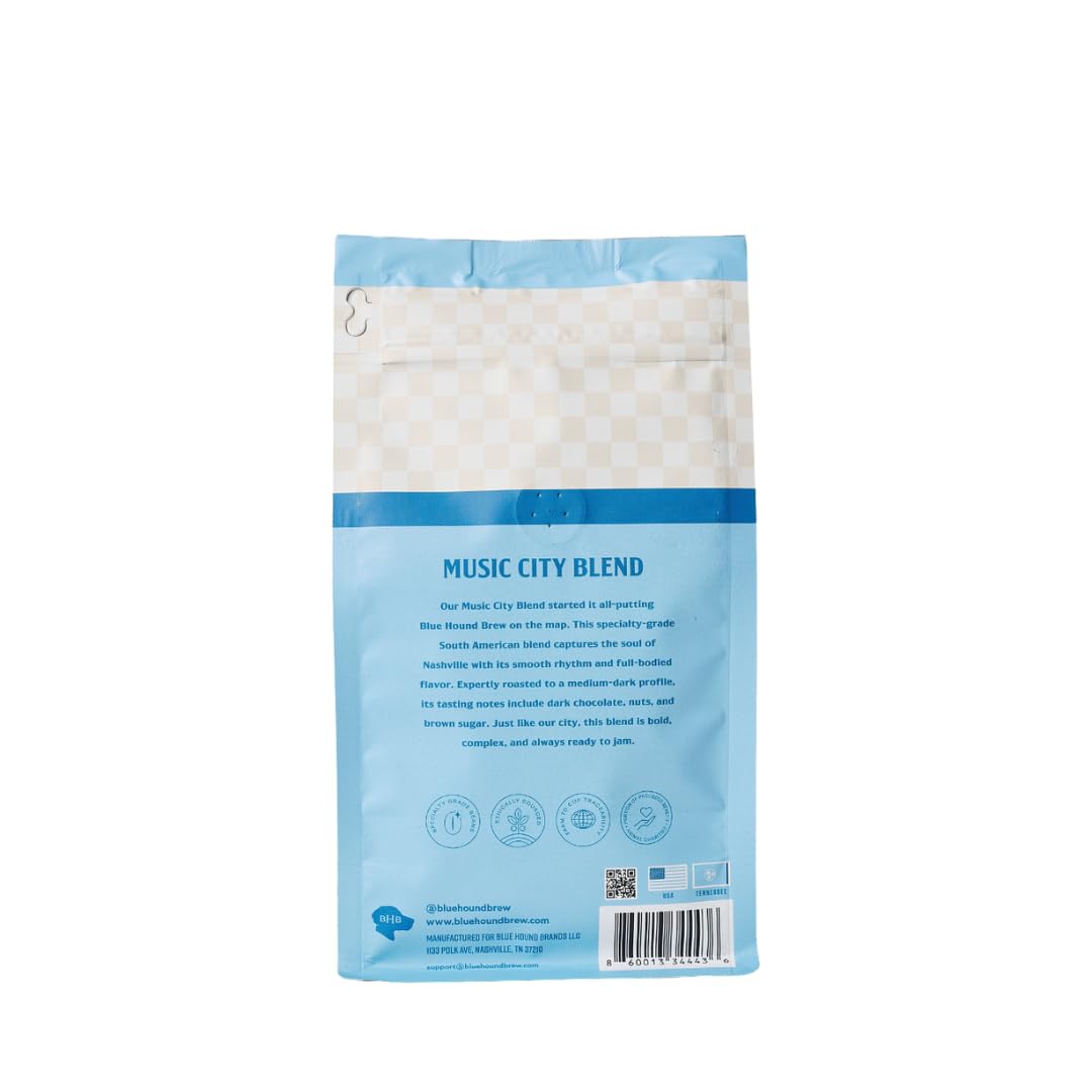 Blue Hound Brew Music City Blend, Medium-Dark Roast 100% Arabica Speciality Coffee, Chocolate & Nutty Notes, Ground Speciality Coffee, 12 oz