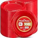 Munfix 100 Red Plastic Plates Set - 9 Inch Disposable Dinner Plates Bulk Pack, for Party, BBQ, Picnic, Parties, Travel and Events, Microwavable