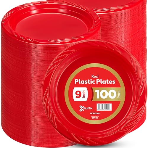 Munfix 100 Red Plastic Plates Set - 9 Inch Disposable Dinner Plates Bulk Pack, for Party, BBQ, Picnic, Parties, Travel and Events, Microwavable