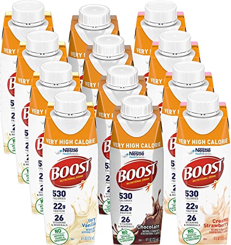 BOOST Very High Calorie Nutritional Drink Variety Pack, 12 Count - 4 Vanilla, 4 Chocolate, 4 Strawberry - 530 Calories per 8 fl oz Bottle
