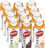 BOOST Very High Calorie Nutritional Drink Variety Pack, 12 Count - 4 Vanilla, 4 Chocolate, 4 Strawberry - 530 Calories per 8 fl oz Bottle