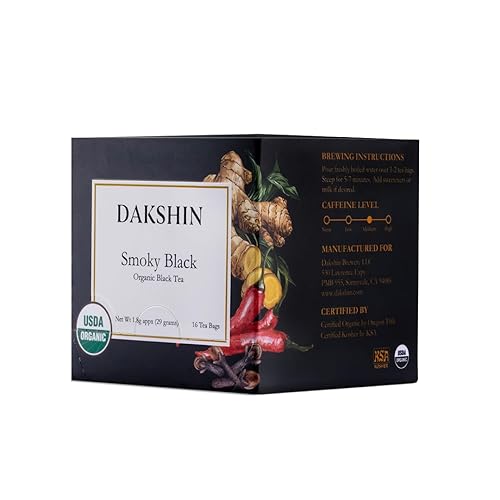 DAKSHIN Organic Smoky Black Tea Bags | Spiced with Ginger, Cloves, Black Pepper & Chilli | Bold Immunity & Energy Tea | USDA Organic | 16 Tea Bags