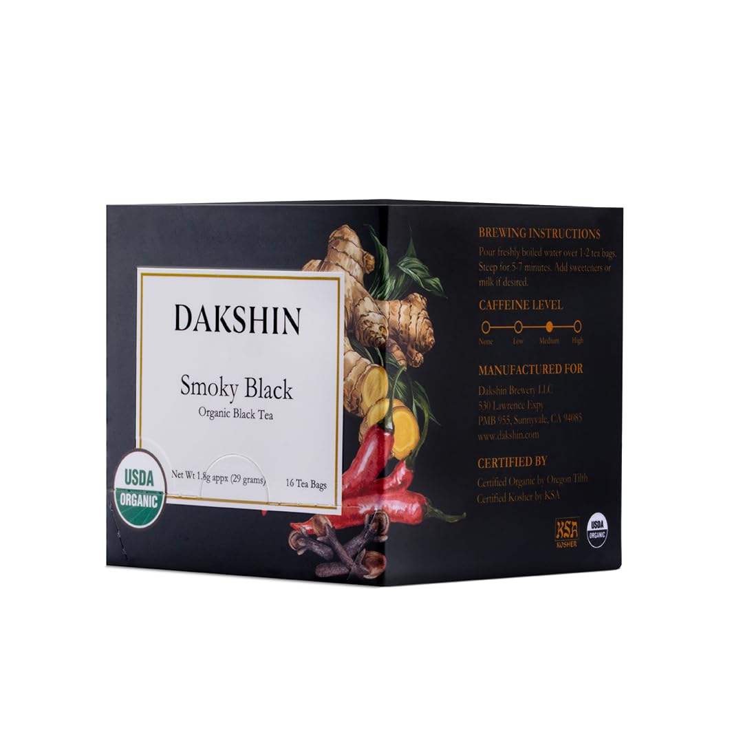 DAKSHIN Organic Smoky Black Tea Bags | Spiced with Ginger, Cloves, Black Pepper & Chilli | Bold Immunity & Energy Tea | USDA Organic | 16 Tea Bags