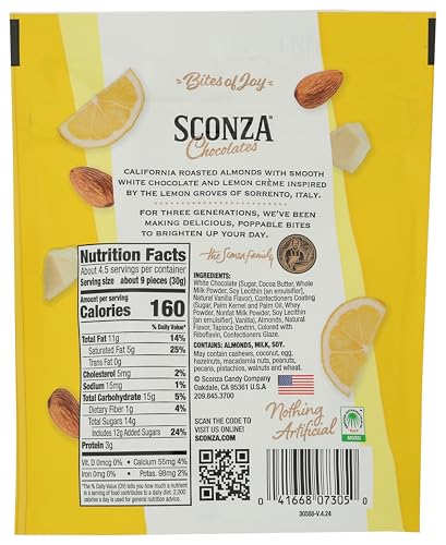 Sconza Lemoncello Chocolate Covered Almonds Roasted Almond Covered in White Chocolate and Lemon Creme Candy |5 Oz | Gift Snack (Pack of 1)