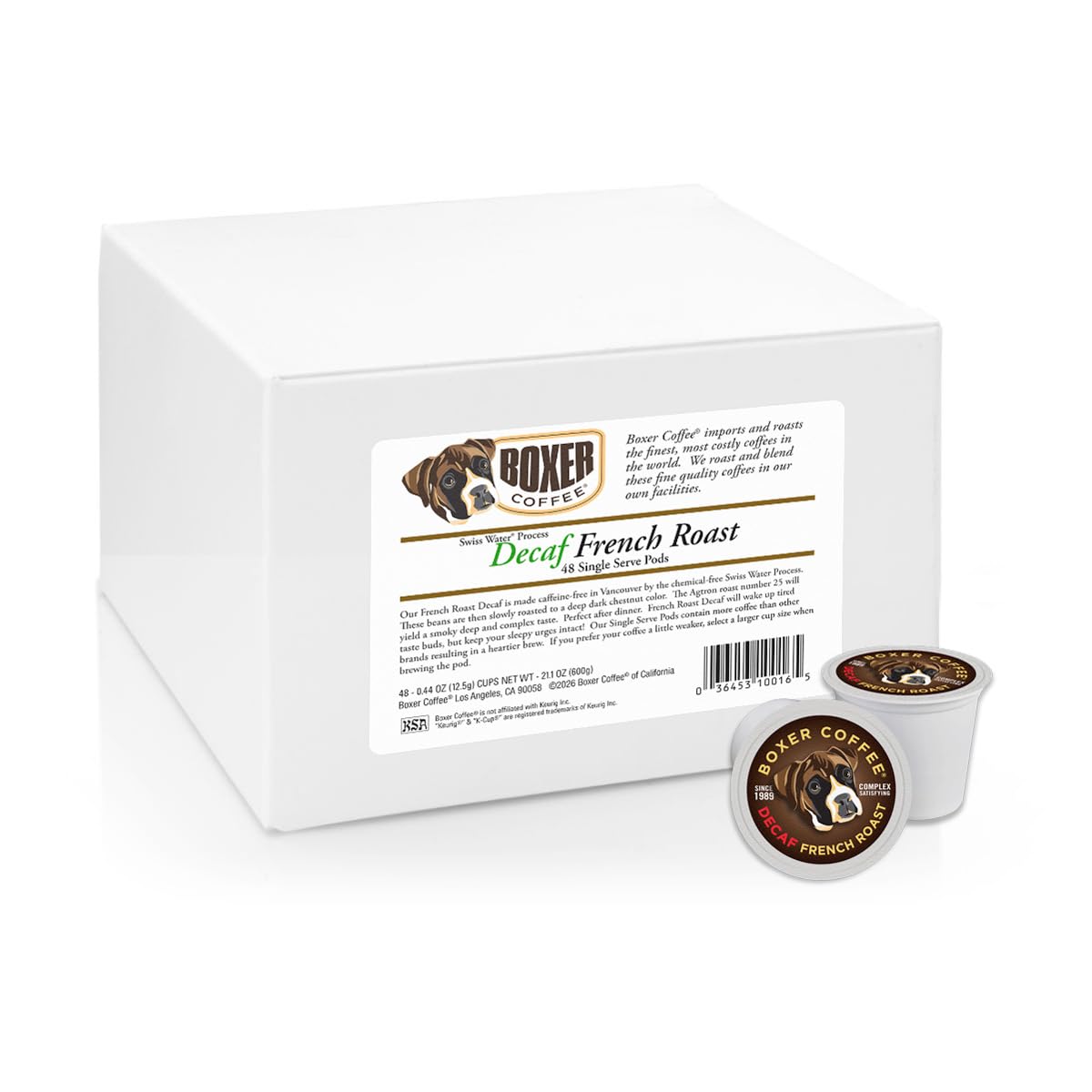 Boxer Coffee Decaf French Roast Single Serve Pods, 48ct - Swiss Water Process Decaffeinated Dark Roast Coffee Pods - Specialty Grade, Artisan