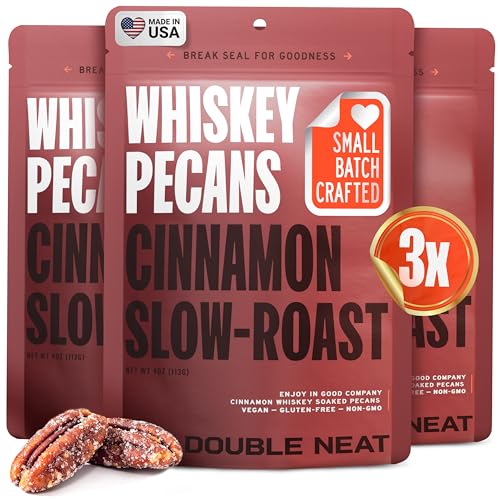 Double Neat Cinnamon Whiskey Pecans - Healthy Fathers Day Snacks Gift - Bourbon Snacks for Men - Vegan & Gluten-Free - Cinnamon Slow-Roasted Candied