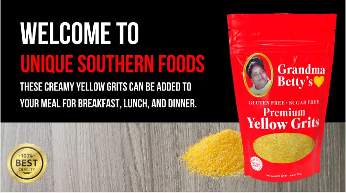 Grandma Betty's Yellow Grits, Gluten-Free, Sugar-Free, Sodium-Free, and Dairy-Free. Made in America. Cooks in 6 Minutes. 20oz. Bag