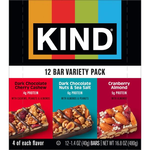 KIND Healthy Snacks Bars Variety Pack, Gluten Free, High Fiber Snacks, Cranberry Almond, Dark Chocolate Nuts & Sea Salt, Dark Chocolate Cherry Cashew