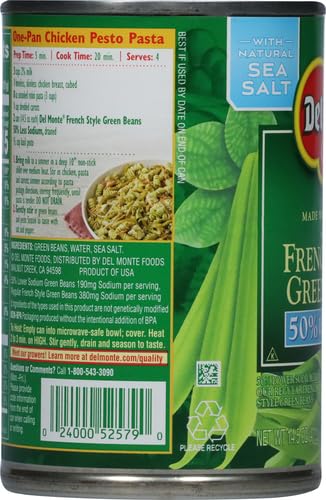 Del Monte Canned Fresh Cut French Style Green Beans with 50% Less Sodium, 14.5 Ounce