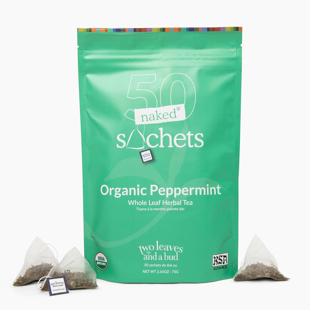 Two Leaves and a Bud Organic Peppermint - 50 Naked Tea Sachets, Naturally Caffeine Free, Whole Leaf Herbal Tea in Unwrapped Pyramid Sachets