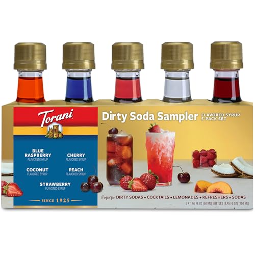 Torani Dirty Soda Sampler 5-Pack, Mini Syrups Gift Set - Coconut, Strawberry, Blue Raspberry, Peach, and Cherry, 1.7 Oz Ea