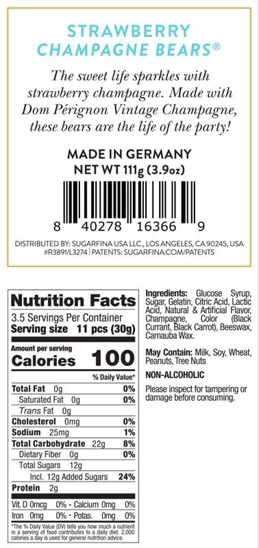 Sugarfina Strawberry Champagne Bears Small Candy Cube, Champagne Gummy Bears, 3.3 oz, 1 Count