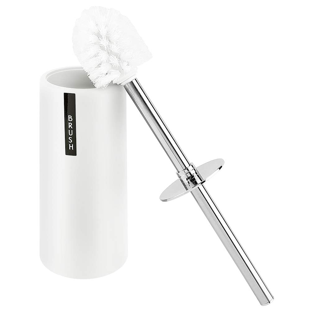 Freestanding Toilet Brush and Holder Set, Long Stainless Steel Handle Toilet Bowl Scrubber for Deep Cleaning Bathroom, Space Saving White ABS Plastic