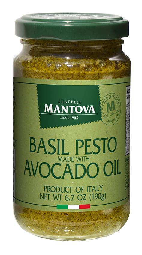 Mantova Basil Pesto with Avocado Oil, 6.7 oz (Pack of 1), combines fresh basil pesto with the velvety richness of avocado oil for a smooth, buttery