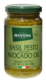 Mantova Basil Pesto with Avocado Oil, 6.7 oz (Pack of 1), combines fresh basil pesto with the velvety richness of avocado oil for a smooth, buttery