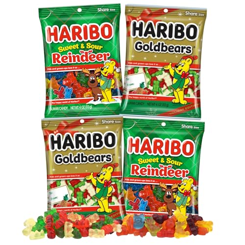 Christmas Haribo Gummy Bears and Sweet and Sour Reindeer, Festive Chewy Fruit Candies, Stocking Stuffer Gifts, 4 Ounces (Pack of 4)