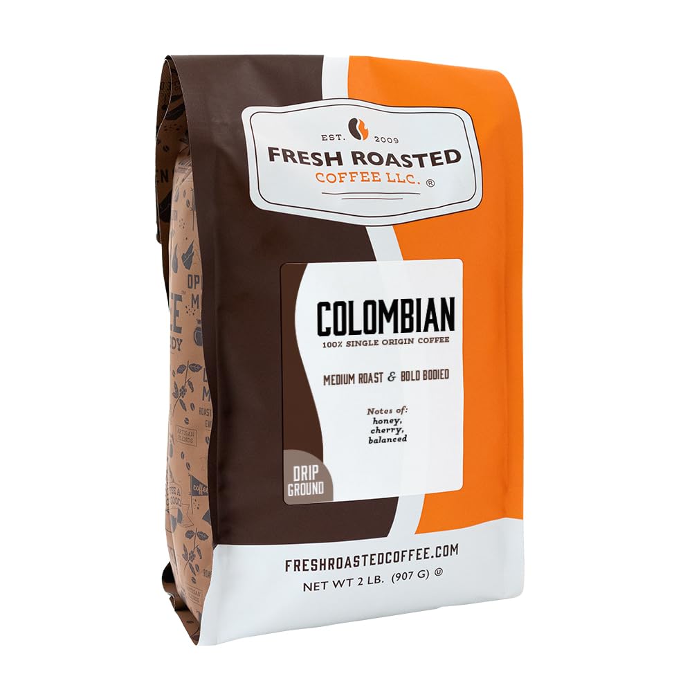 Fresh Roasted Coffee, 100% Colombian Drip Ground Coffee, Medium Roast, Kosher, 2 lb (32 oz)