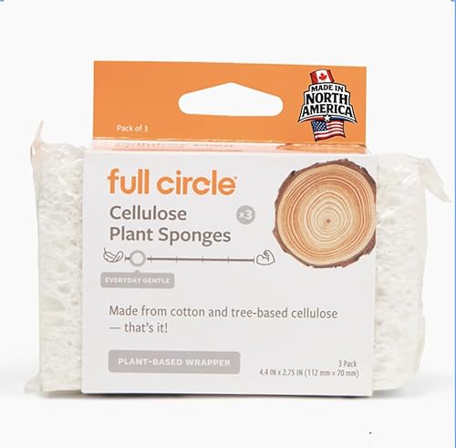 Full Circle 100% Plant-Based Cellulose Sponges - Pack of 3 - Plastic-Free, Natural Sponge, No Microplastics, Safe for Nonstick Cookware