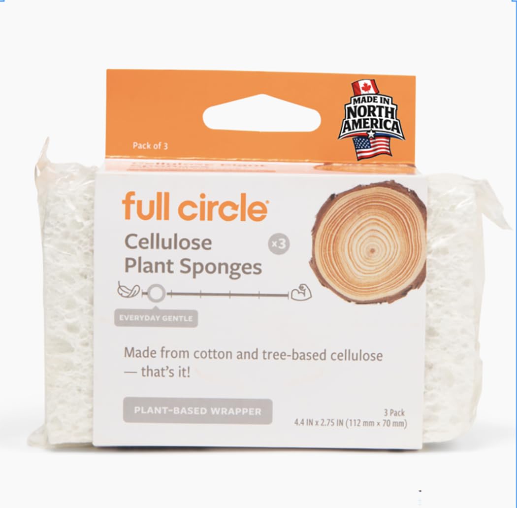 Full Circle 100% Plant-Based Cellulose Sponges - Pack of 3 - Plastic-Free, Natural Sponge, No Microplastics, Safe for Nonstick Cookware