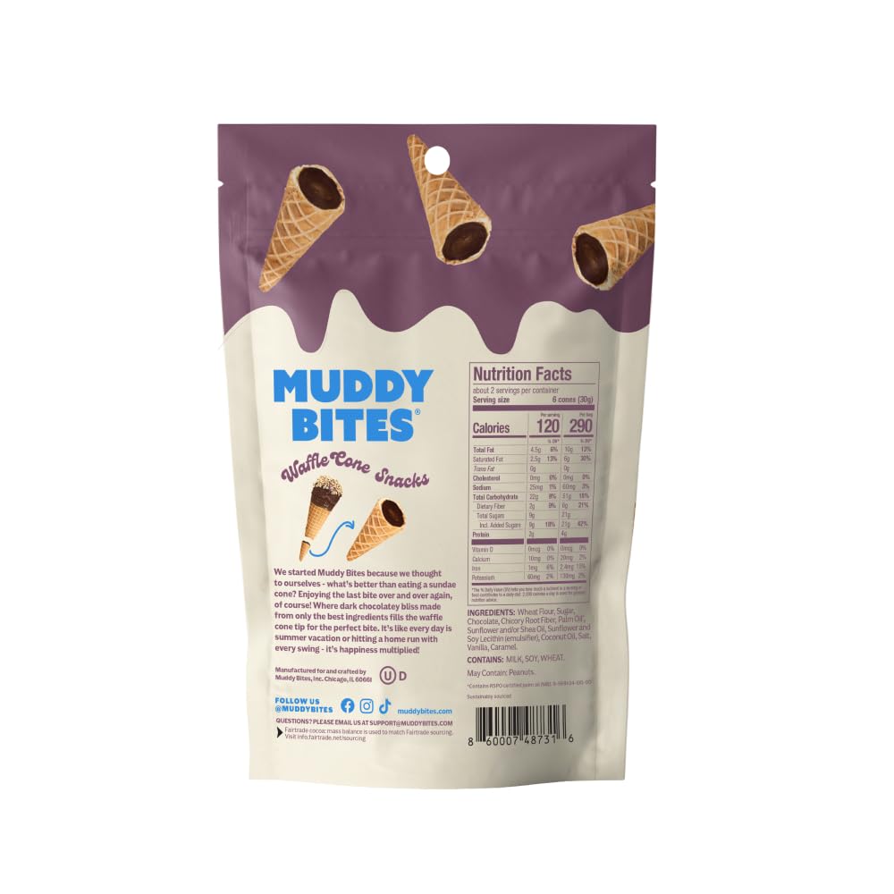 Muddy Bites - Dark Chocolate - Waffle Cone Snack Bite Sized Filled Cone Bites for Snack or Dessert Made with Cane Sugar, Kosher, Fair Trade Certified