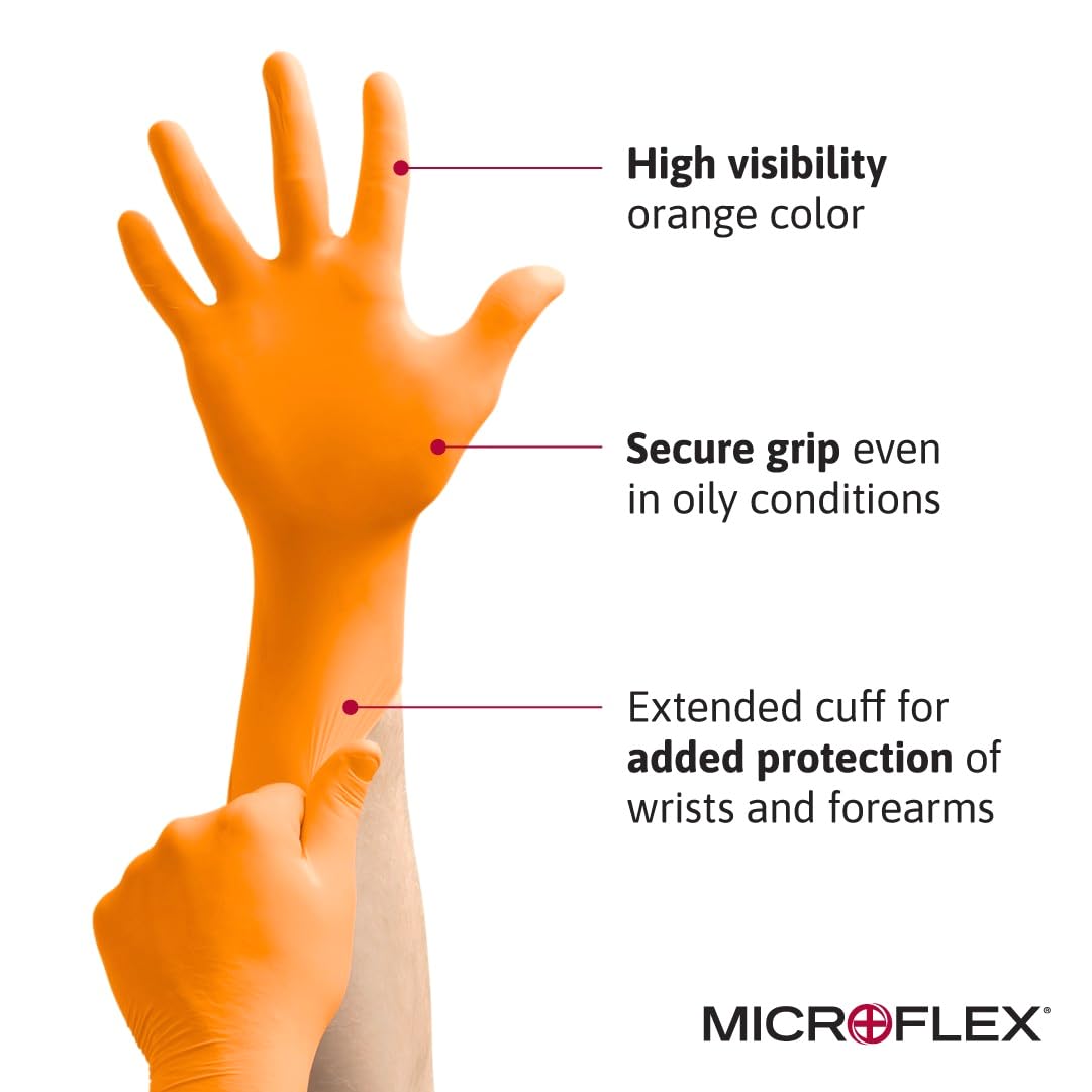 Ansell Microflex Blaze N48 7mil Disposable Nitrile Gloves w/Extended Cuff for Automotive, Oil, Mining - Small, Orange (Pack of 100)