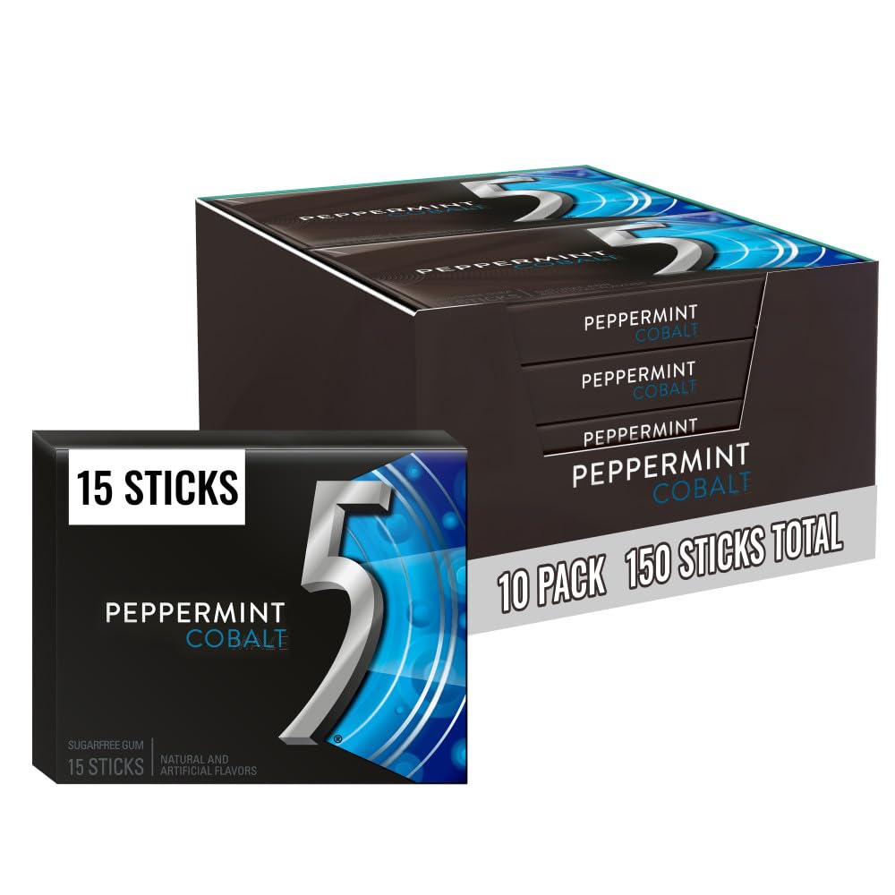 5 GUM Peppermint Cobalt Sugar Free Chewing Gum Refreshing Cooling Minty Flavor Five Gum, 15 Stick Pack (10 Pack)