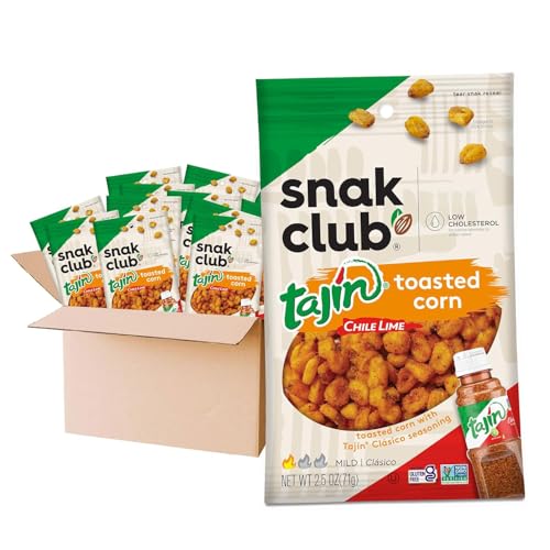 Snak Club Toasted Corn, Tajin Clásico Chili & Lime Flavor, Crunchy, Flavorful Low-Cholesterol Individual Snacks, 2.5oz (Pack of 12)