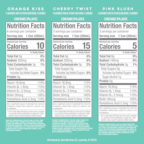 Alani Nu VARIETY PACK CHERRY TWIST, PINK SLUSH, ORANGE KISS Sugar Free, Low Calorie Energy Drinks, 200mg Caffeine, Biotin B Vitamins, Zero Sugar, 10