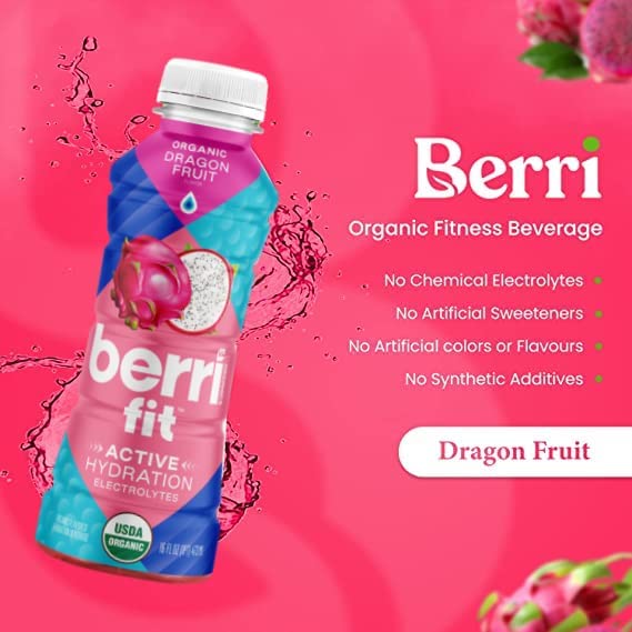 Berri Fit Hydration - Organic Dragon Fruit Flavor Natural Sports Drink - Plant-Based Electrolyte Beverage - Low Calorie, Paleo Coconut Water Solution