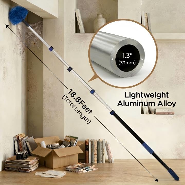 25ft High Ceiling Duster Kits with 5-18ft Heavy Duty Extension Pole - Fan Blade Cleaner, Cobweb Remover & Blue Window Squeegee Kit, Washable Dust