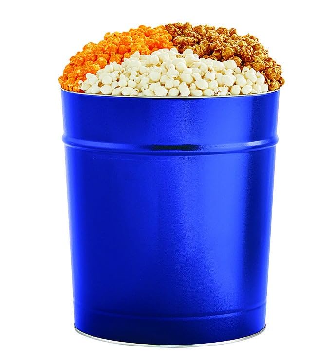 The Popcorn Factory Popcorn Tin with 3 Popcorn Flavors, Robust Cheddar, White Cheddar, Caramel, Large Tub 3.5 Gallons, Snack Gifts, Perfect for Any